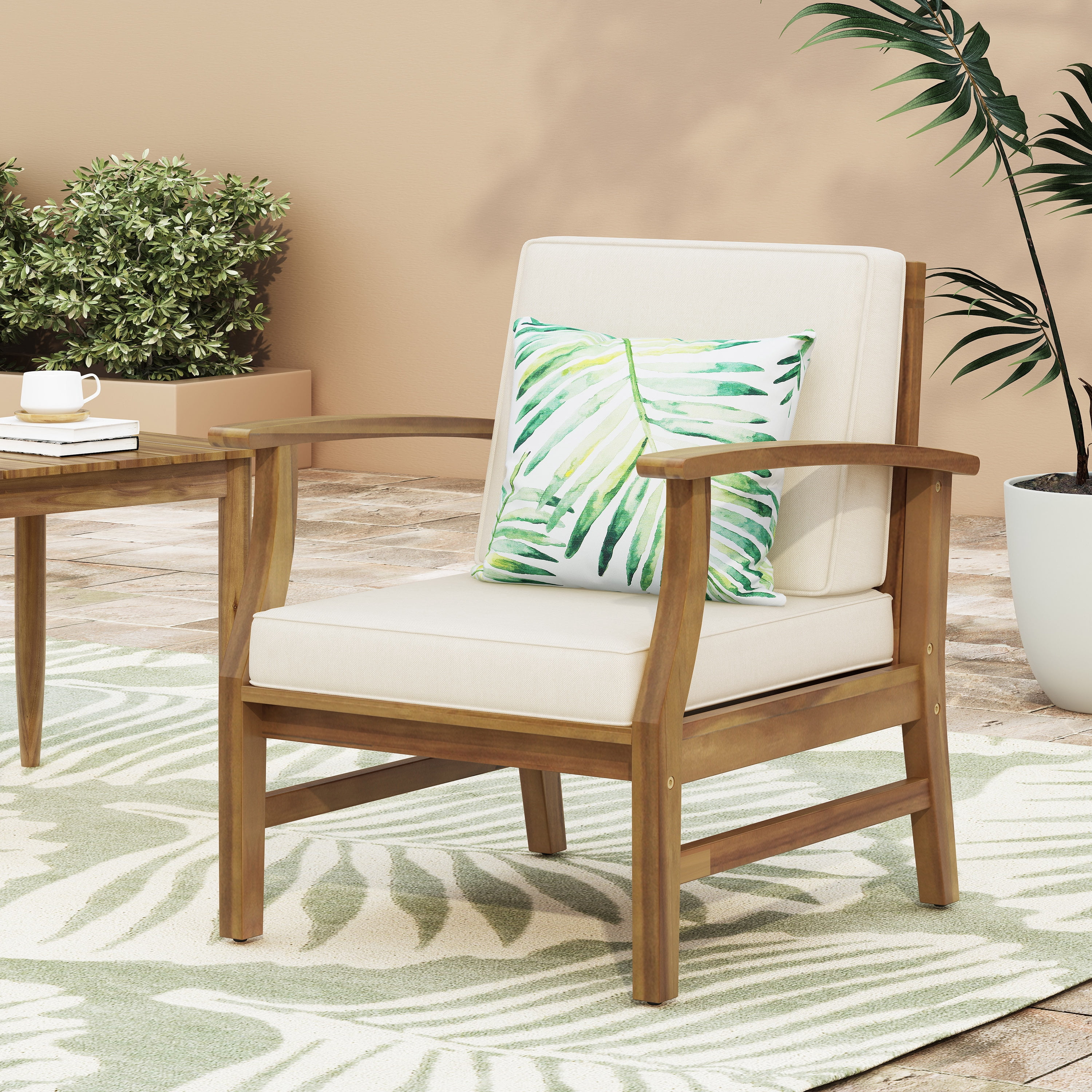 Outdoor Single Acacia Wood Club Chair, Comfort Leisure Seat for Patio Garden, Cream