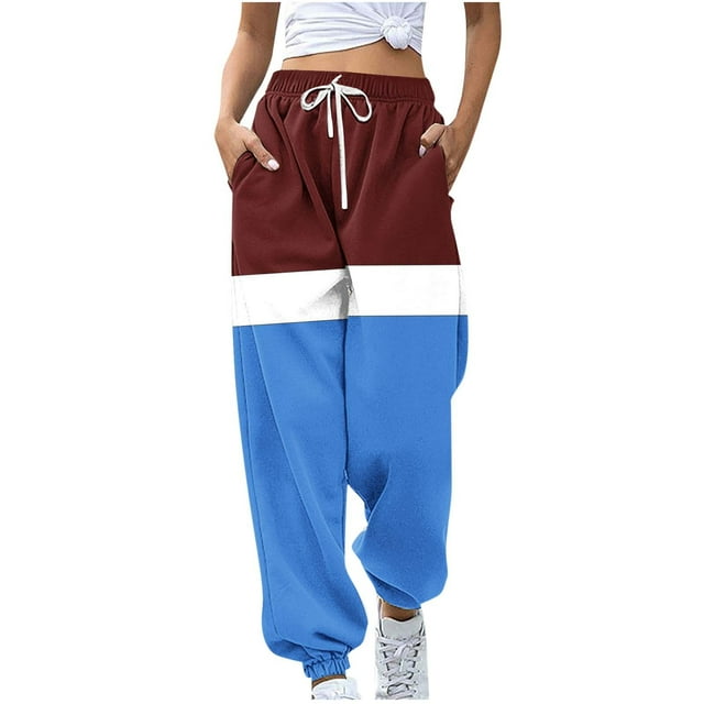 Funicet Pants for Women,Women Fashion Color Blocked Printed Drawstring Pants