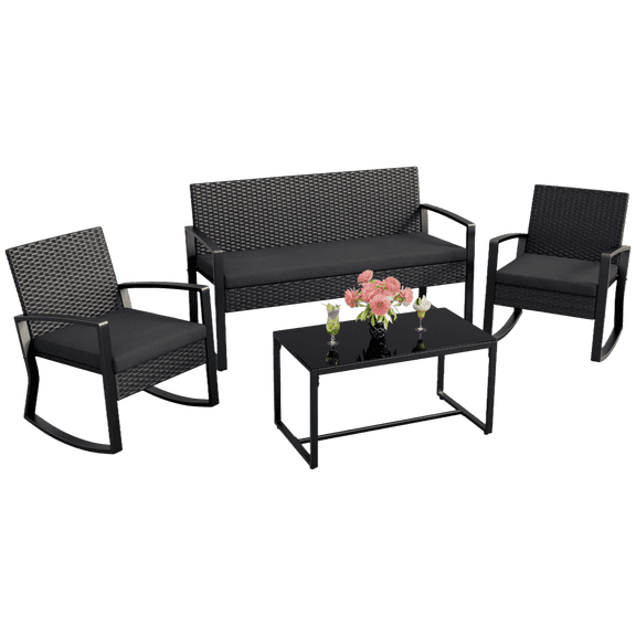 Lofka 4PCS Patio Furniture Set Rocking Chairs Glass Coffee Table Black