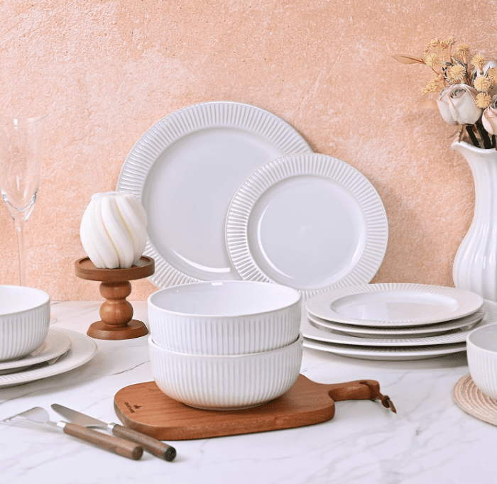 BVIEAKD 12 Piece Embossed Ceramic Dinnerware Sets for 4, Striped Plates and Bowls Sets, Dishwasher & Microwave Safe Dishes Set for Kitchen and Dining