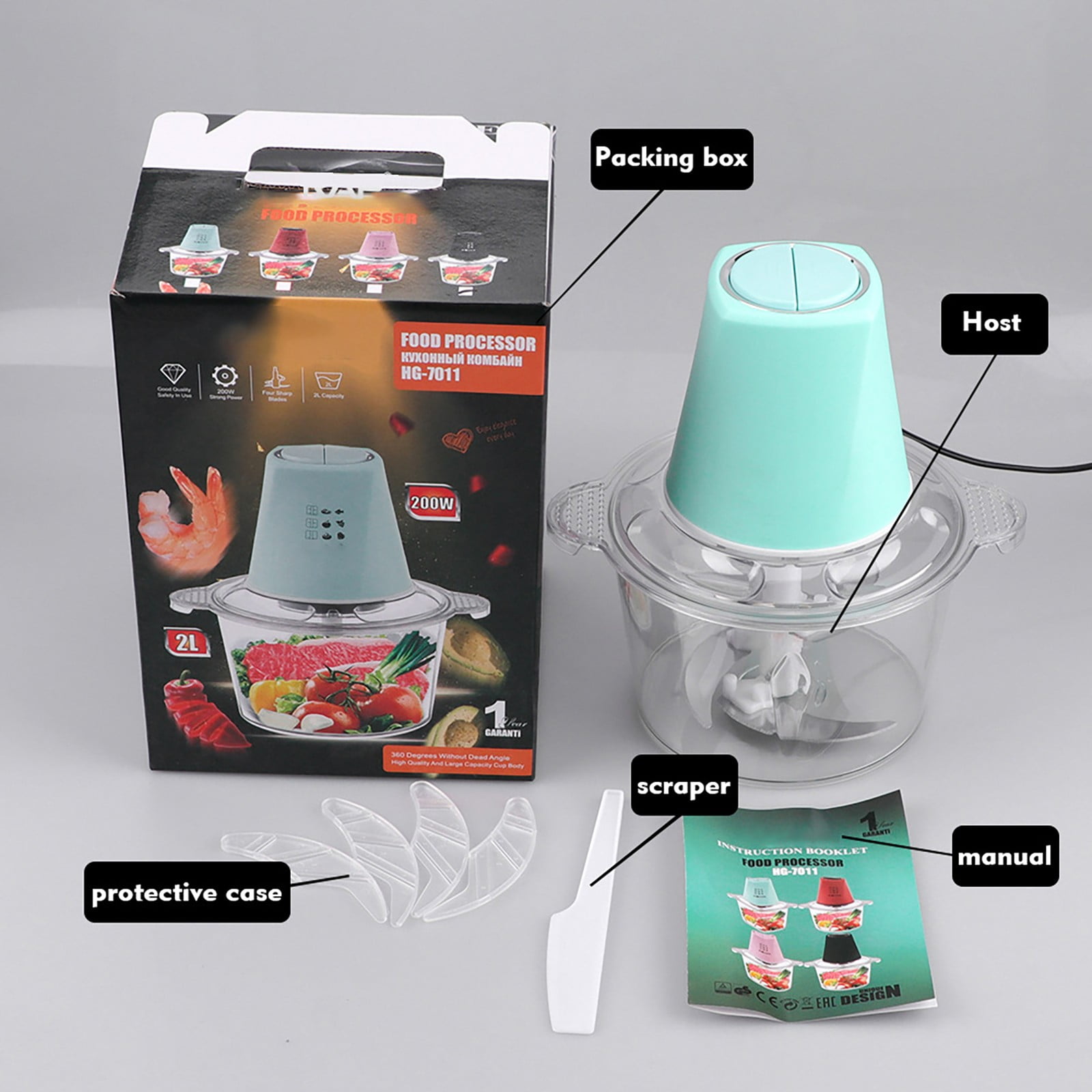 Food Processor Electric Meat Grinder 200W Food Chopper with Large Sharp Blade & Protective Case & Scraper, 2 L Capacity For Vegetable Fruit Meat Powerful Chopping Grinding, 1Pc(Clear,7.8x4.7x9.4")