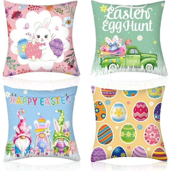 4 Pcs Easter Pillow Covers 18 x 18 Inch Colorful Easter Throw Pillow Cases Decorations Easter Bunny Pillow Covers Egg Gnome Pillow Cushion Case Spring Decor Farmhouse Decorative for Sofa Couch Bed
