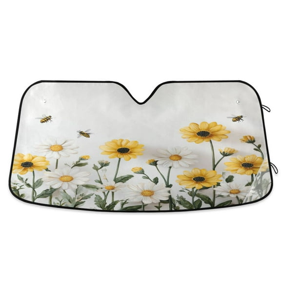 Universal Fit Accordion Auto Sunshade Windshield Sunshade 53'' x 23.5'' Bees Flying with Daisies