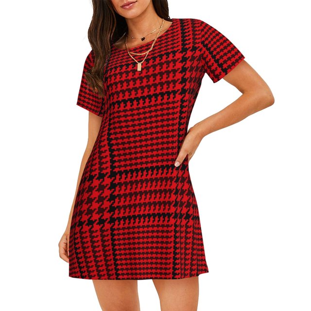 Fotbe Red Black Houndstooth Bata de Dormir para Mujer con Estampado, Camisón de Algodón de Manga Corta, Ropa de Dormir Casual
