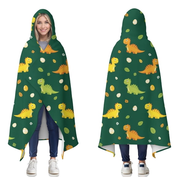 Wearable Blanket,Green Cartoon Dinosaurs Eggs Pattern Hooded Wearable Flannel Blanket for Adults & Teens,Winter Poncho Shawl Wrap Cape Cozy Anti-Pill,50"x60"