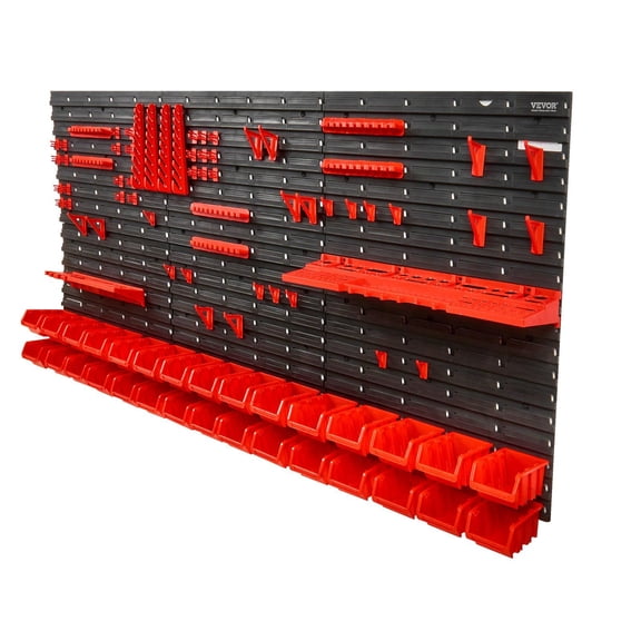 30-Bin Wall Mount Organizer - Heavy Duty Garage Tool Storage with Hooks & Panels, Perfect for Nuts, Bolts, Screws (Black/Red)