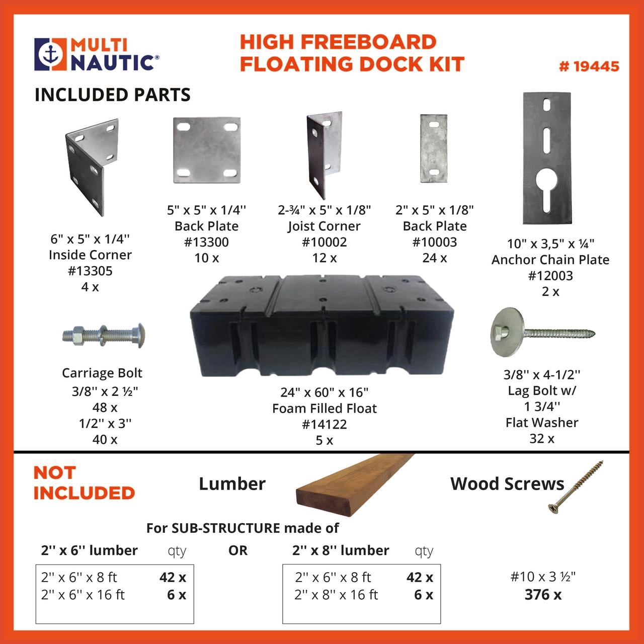 Multinautic 8 x 16 Floating Dock Kit with 5 Foam-Filled High Freeboard Floats and HDG Steel Hardware