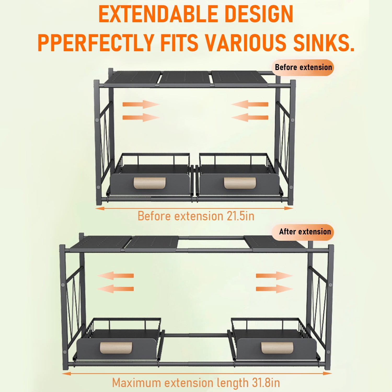2 Tier Under Sink Organizer and Storage, Expandable Length 21.5"-31.8", Height Adjustable, 2 Sliding Drawers & Movable Top Shelves, for Bathroom & Kitchen, Black