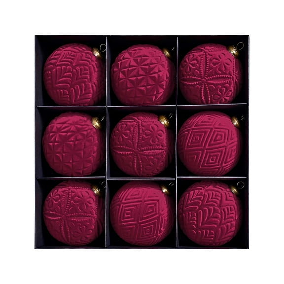 Vintage Flocked Christmas Balls Set – 9pcs Tree Ornament Collection with Hanging Loops, Retro Holiday Decoration for Tree, Mantel, Office, or Party Display