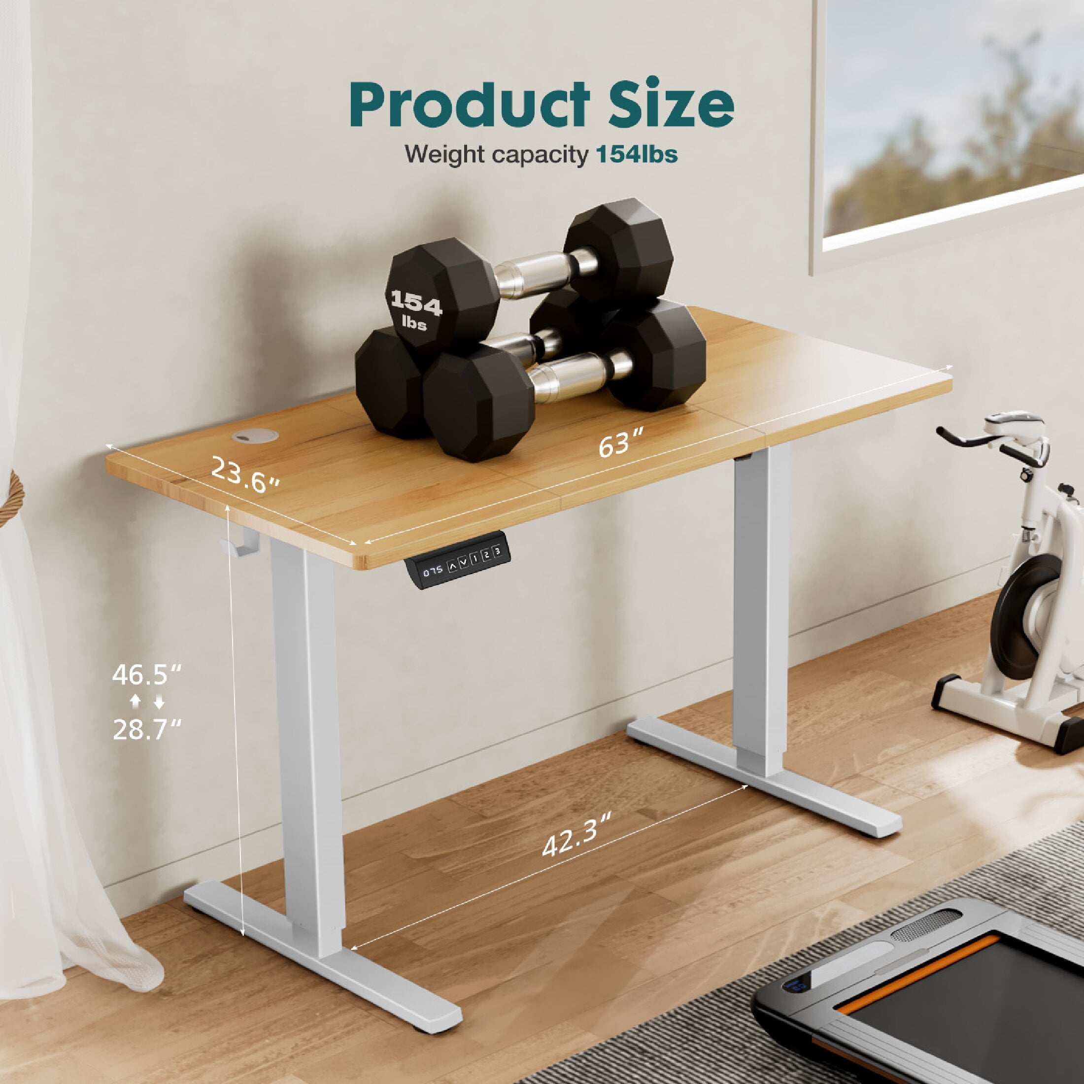 CONCETTA 63x24 inch Adjustable Electric Standing Desk for Adults, Lap Desks, Oak, 1 Count