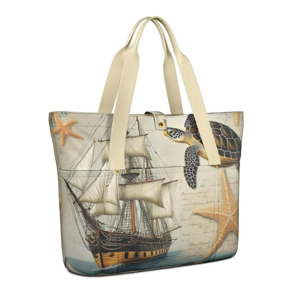 Tote Bag for Women - Sea Turtle Starfish Shoulder Bag - Large Utility Work Duffle Bag with Zipper Handbag for Travel, Work, Sprots