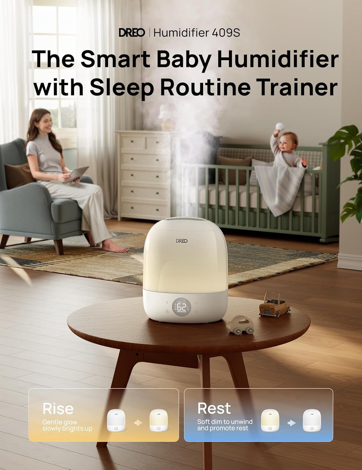 DREO Smart Humidifiers for Bedroom Baby HM409S, 1500+ RGB Night Light & Sleep Routine Trainer, Ultra Quiet 28dB & 3L Top Fill Cool Mist Humidifier for Nursery, Air humidifier for Plants Indoor