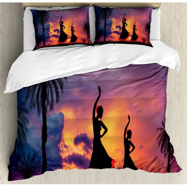Spanish Duvet Cover Set Queen Size, Silhouette of Two Girls Dancing
