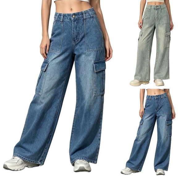 Noric Women's Cargo Wide‑Leg Denim Pants Zipper Fly with Pockets Loose Fit Daily Casual Fashion Jeans