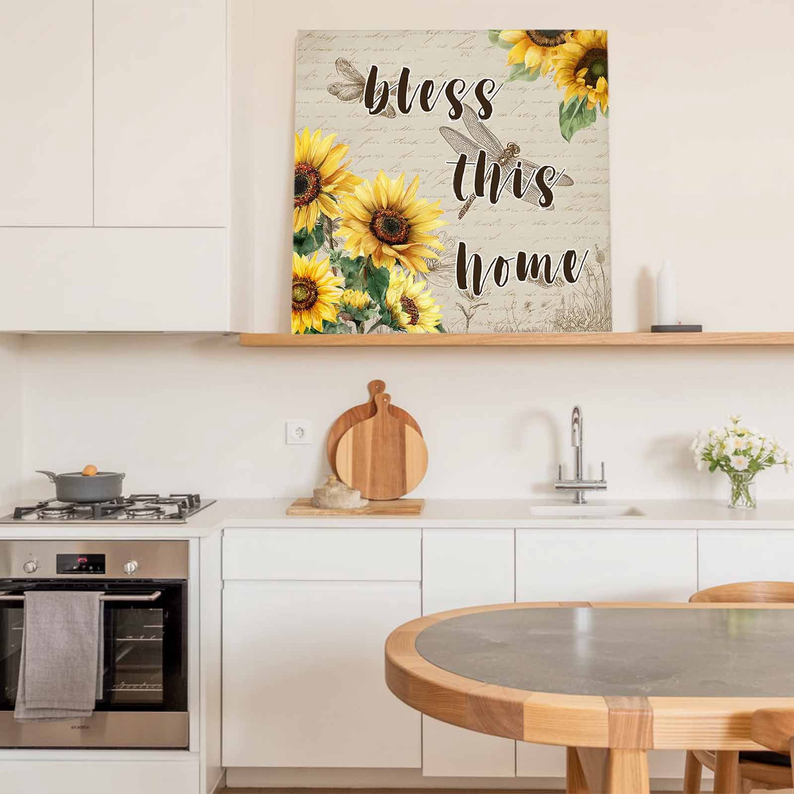 Blesses This Home Framed Canvas Wall Art, Sunflower Floral Dragonflies Farm Vintage Wall Art Painting for Living Room Bedroom Home Decor, 12”x12”, Office Artwork Print