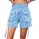 thumbnail image 1 of Pantalones Cortos de Sarga de Tiro Medio y Alto para Mujer, Elásticos, con Bolsillos, para Discotecas Azul S, 1 of 8