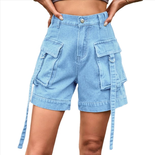 Pantalones Cortos de Sarga de Tiro Medio y Alto para Mujer, Elásticos, con Bolsillos, para Discotecas Azul M