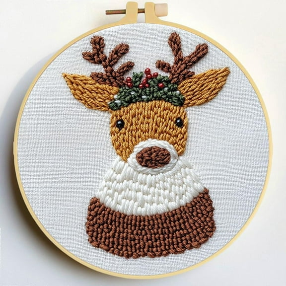 Punch Needle Kits Cute Reindeer Embroidery Starter Set with Hoop Easy for Beginners DIY Stress Relief Handmade Craft Hobby and Home Decor 20x20cm-2