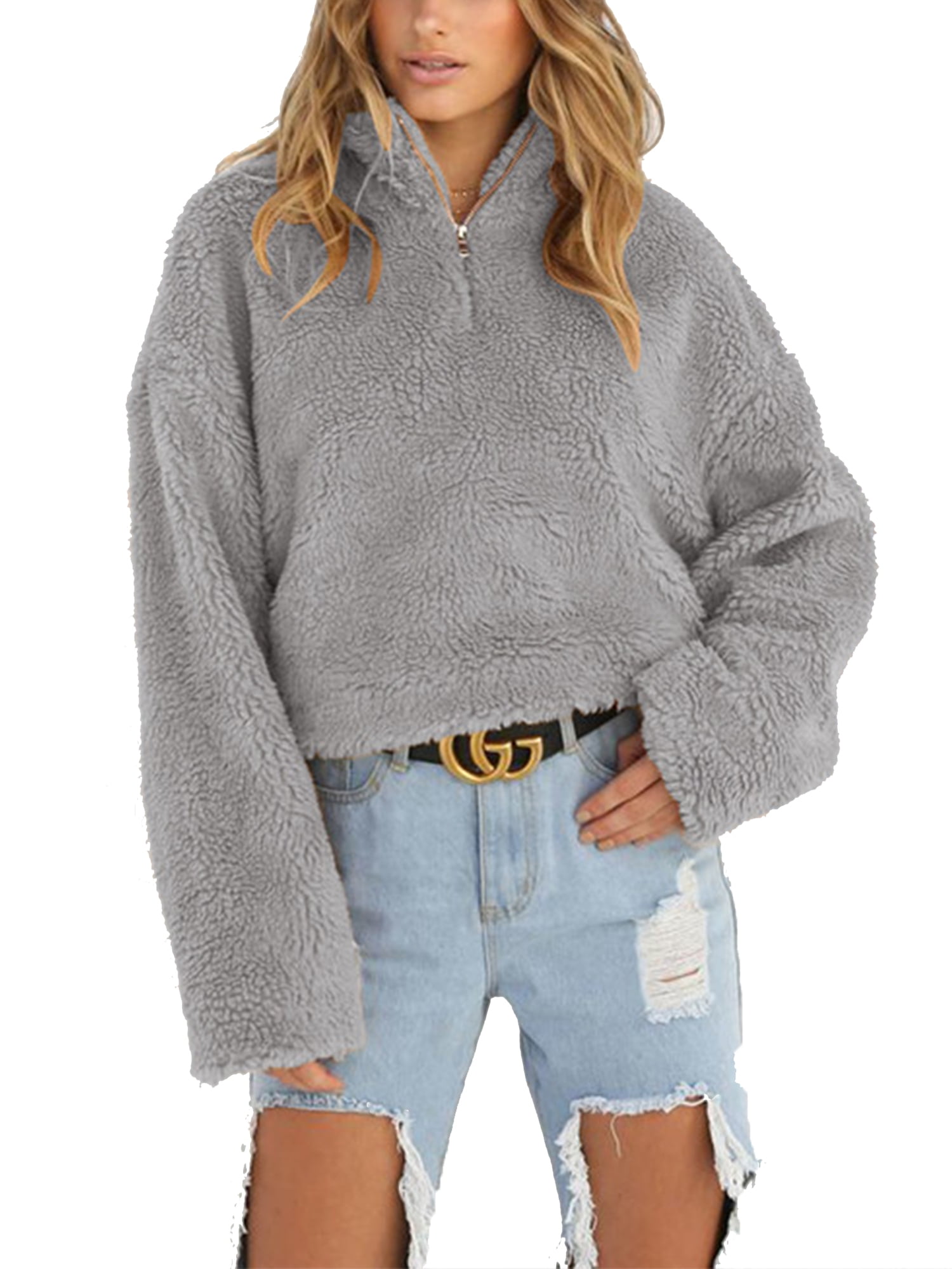 Women Sweaters and Pullovers Autumn Winter Half Lantern Sleeve Sweater Thick Warm Jumper Gray,M