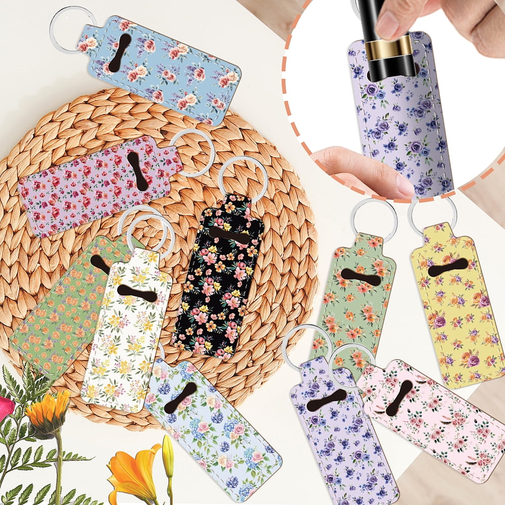 50 Pcs Flower Chapstick Holder Key Chain Lipstick & Lip Balm Keychain with Metal Ring Portable Neoprene Lip Gloss Holder Keychain Travel Essential Pocket Inspirational Gift