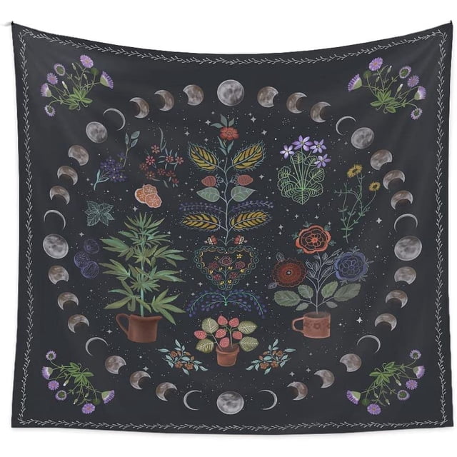 Tapiz de plantas, tapiz de fase lunar natural para colgar en la pared, tapiz de mandala bohemio, decoración estética de dormitorio, tapices botánicos adecuados para dormitorio --- 51 x 59 pulgadas JAMW Sencillez