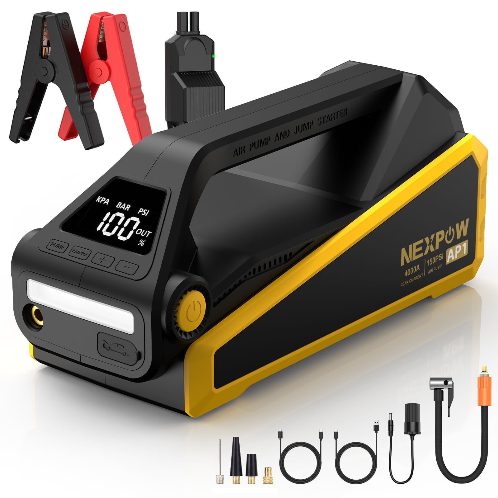 NEXPOW 4000A Car Battery Jump Starter with 150 PSI Air Compressor, 12V Jump Box with Jumper Cables(All Gas/ 10.0L Diesel), LCD Display
