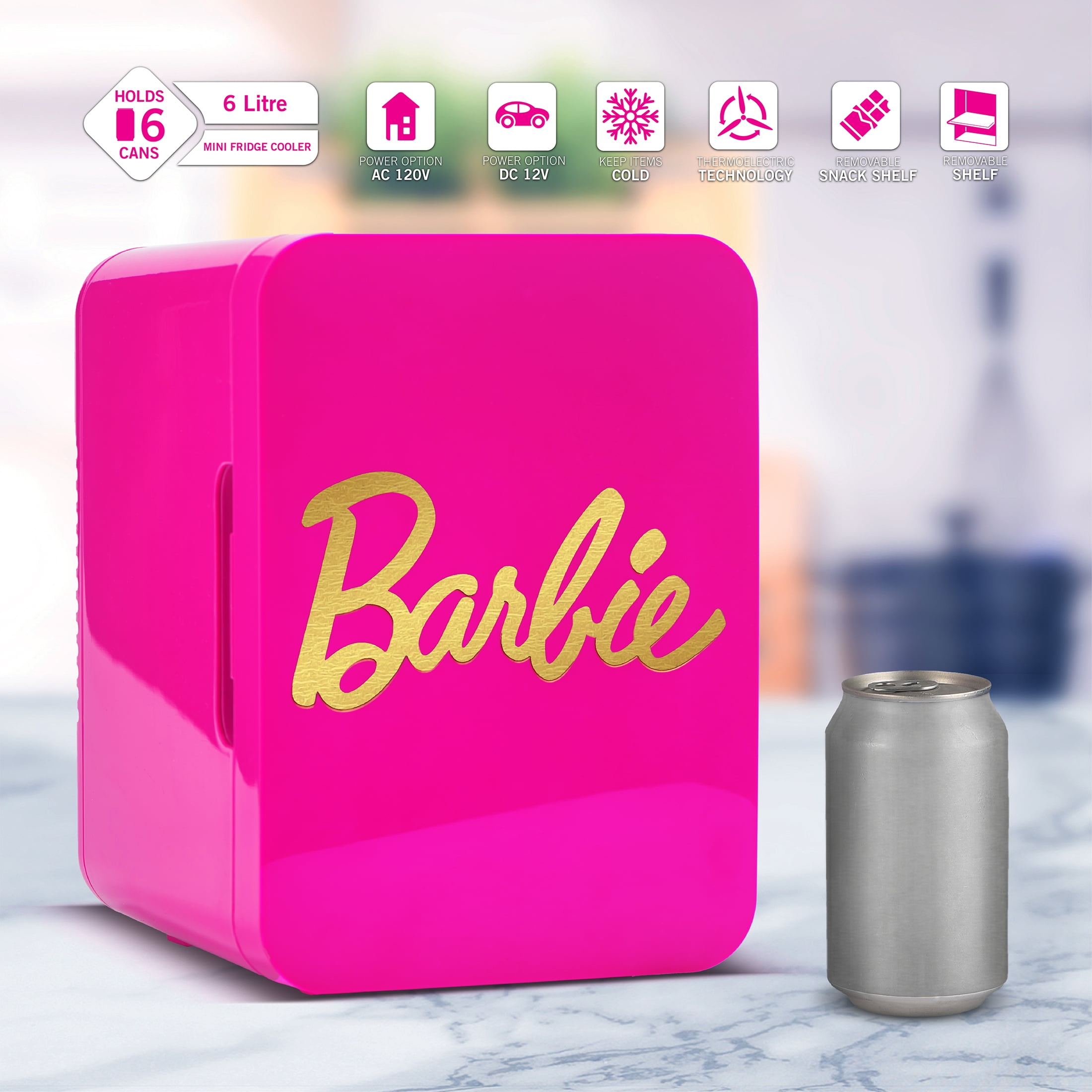 Barbie Hot Pink 6 Can Mini Fridge Thermoelectric Cooler 4 Litre