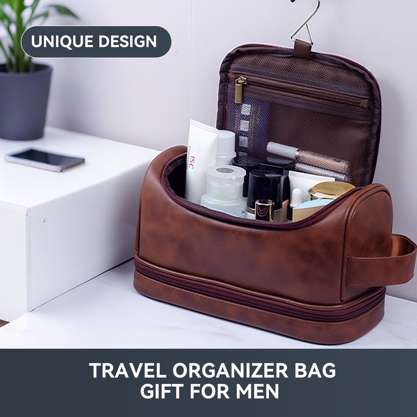 Toiletry Bag for Men, Large Leather Travel Pouch Bag with Hanging hook,Travel Essentials Dopp kit, Men's Shaving Grooming Kit,Gifts for Father, Dad, Boyfriend, Grandpa, Shaving Kit