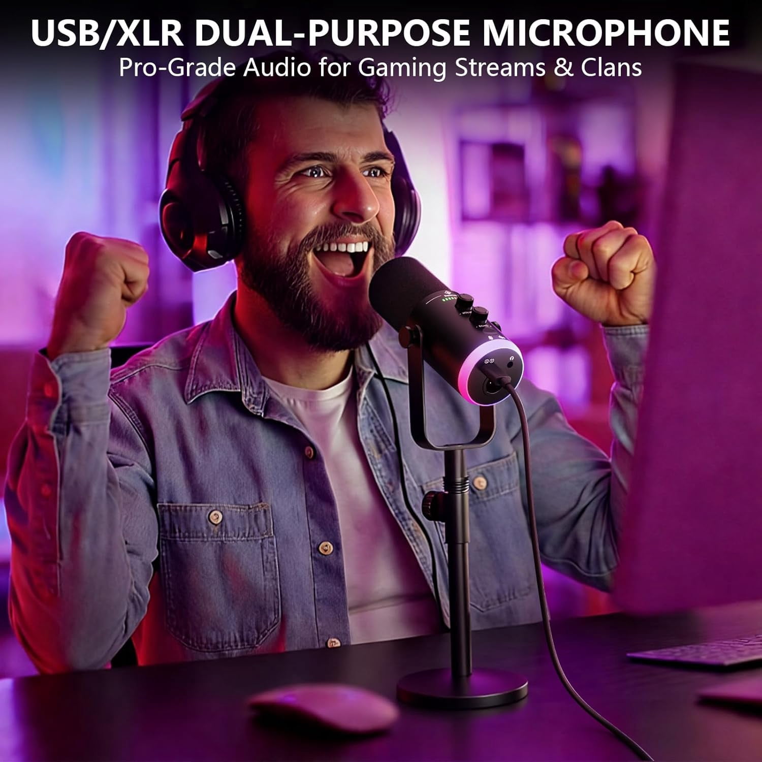 USB XLR Dynamic Podcast Microphone with RGB Lighting for Streaming Gaming