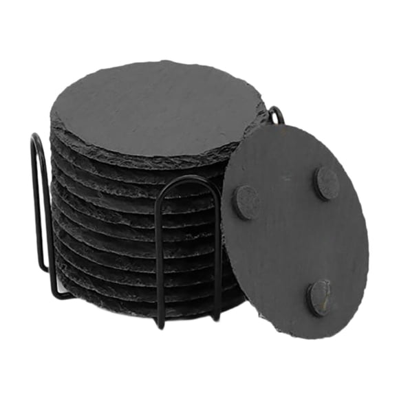 12 posavasos de pizarra para bebidas con soporte, decoración de mesa, juego de posavasos de piedra, posavasos, para oficina, apartamento, café, mesa d Redondo