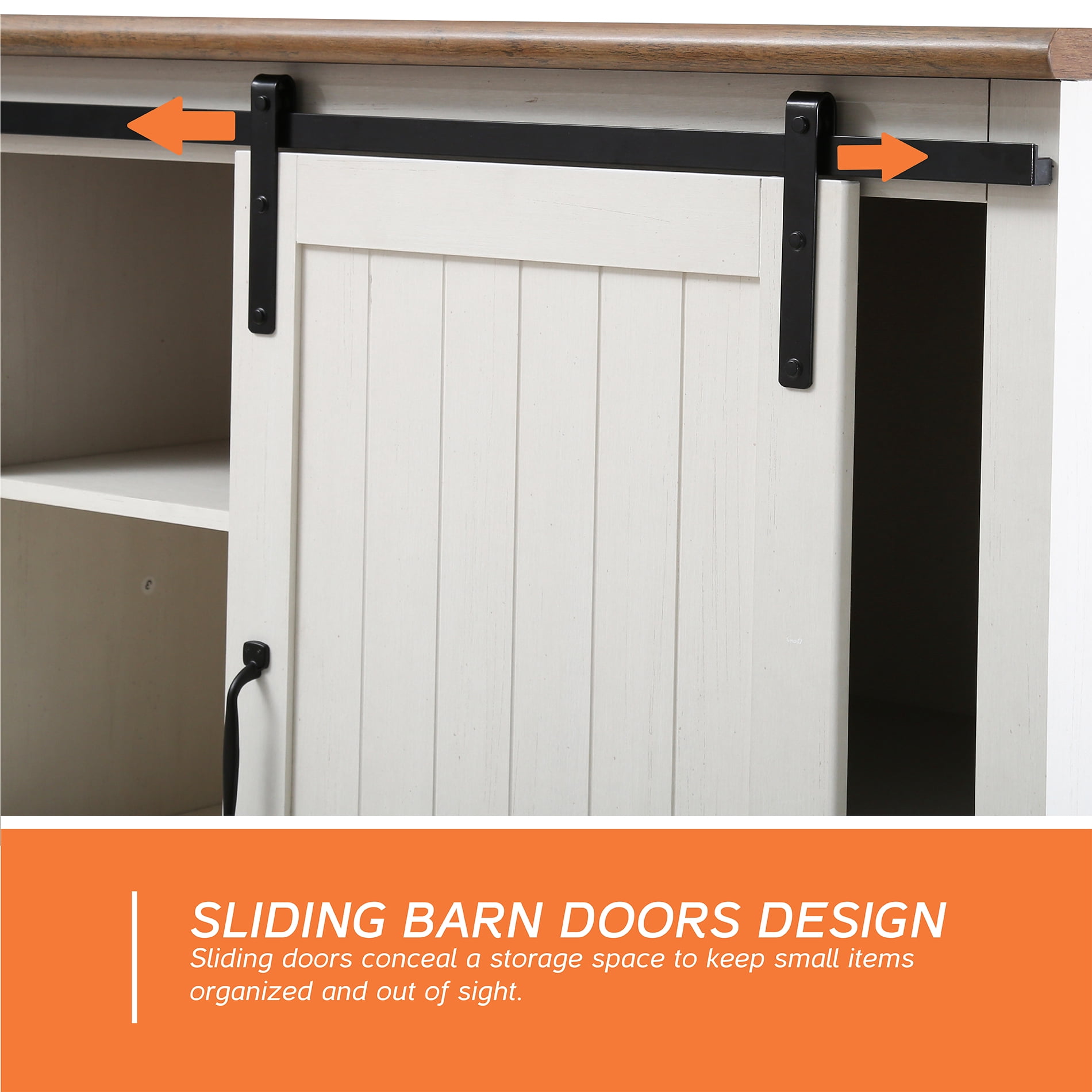 2-in-1 Piece Farmhouse Sliding Barn Door Accent Cabinet Kitchen Storage Shelf, Rustic White