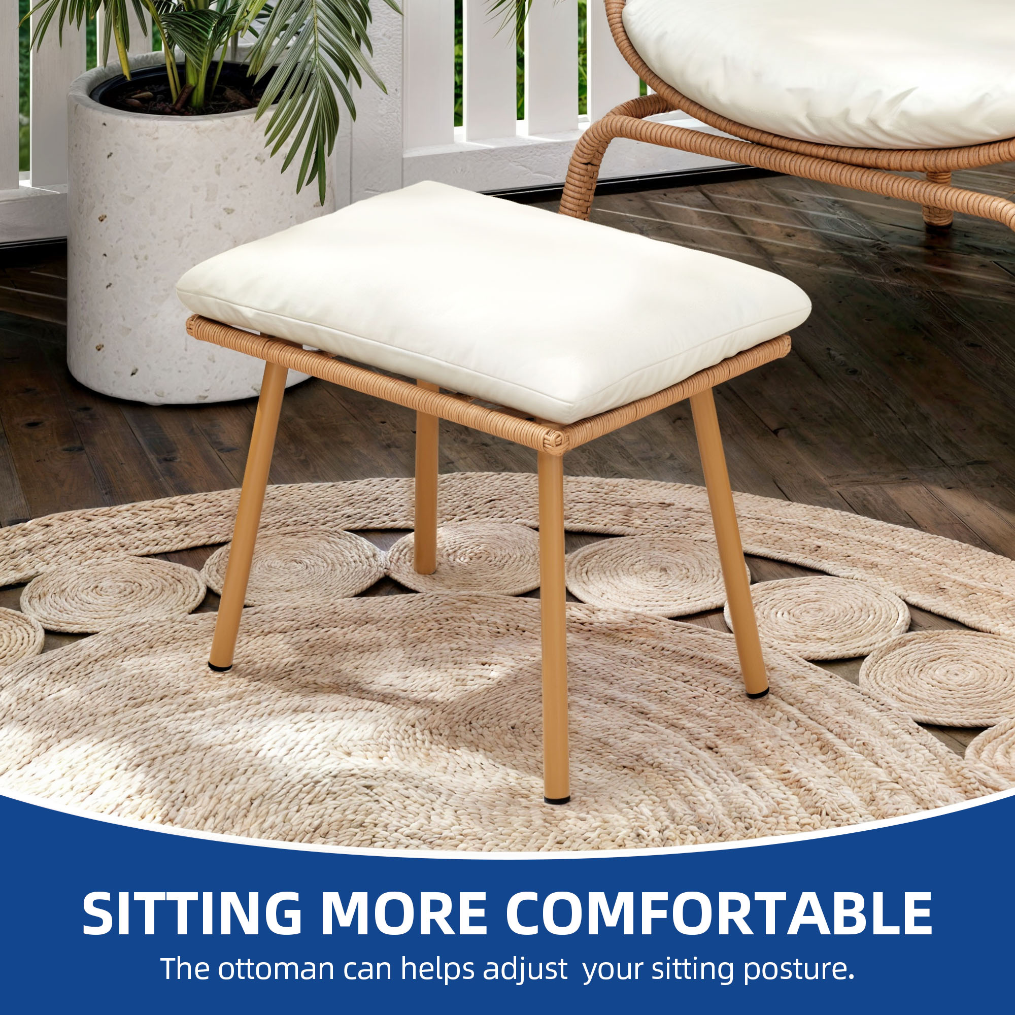 Uforic Patio Wicker Egg Chair with Ottoman, Outdoor Basket Lounge Chair with Footrest & Cushion - Beige
