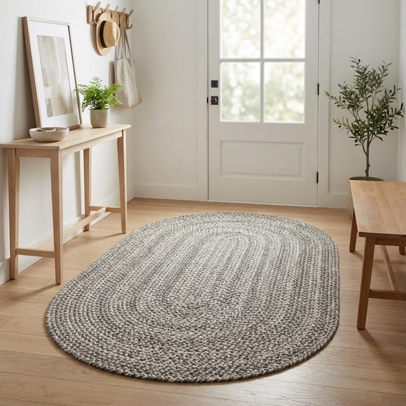 Super Area Rugs Gray/Ivory Braided Rug - Entryway/Front Door Decor -3x5 ft Indoor Outdoor Farmhouse Woven Construction