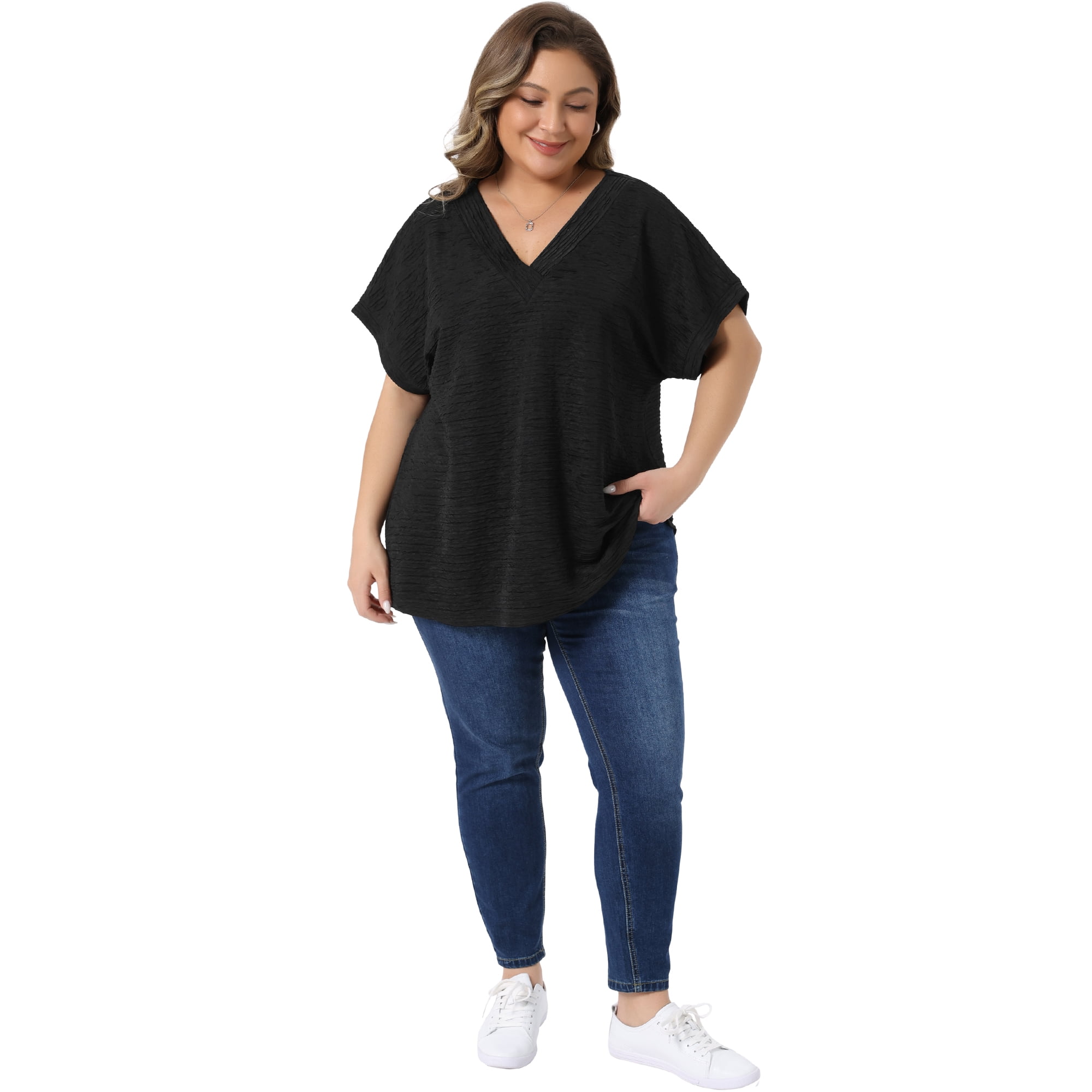 DARING DIVA Women's Plus V Neck Short Sleeve Textured Tops 2X Black