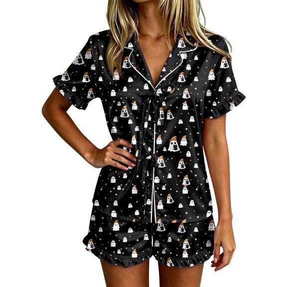 Womens Outfits Halloween Graphic Print Lapel Short Sleeve Belted Ruffled Top And Shorts 2 Piece Loungewear Women's Clothing Sets L