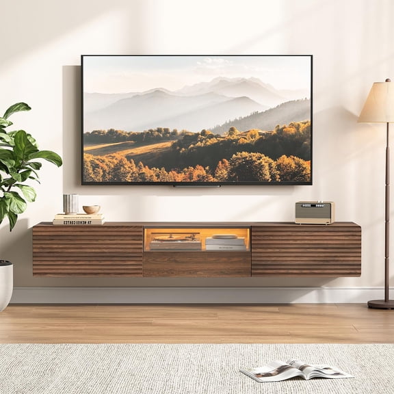Walnut Floating TV Stand 63 with Fluted Design, Wall Mounted Entertainment
