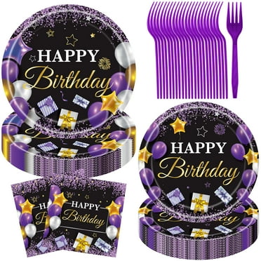 Jestar Purple & Black Birthday Tableware Set - 96pc Disposable Plates, Napkins, Forks for 24 Guests