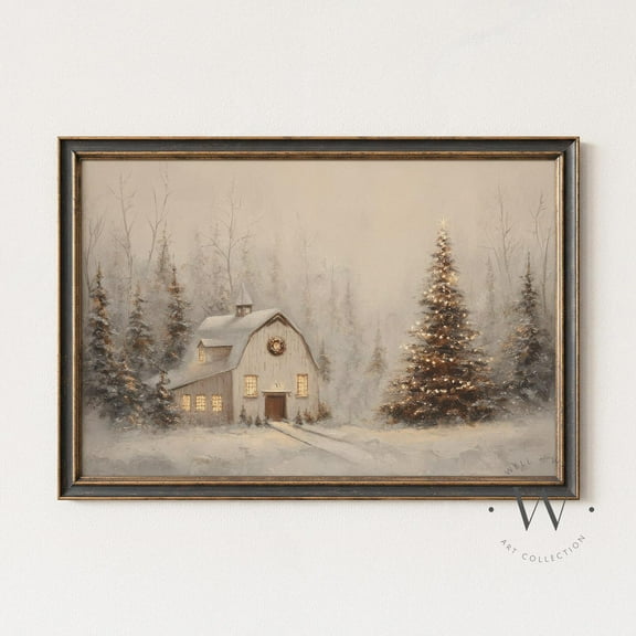 Rustic Christmas Barn Wall Art: Neutral Vintage Style Holiday Print, Christmas Tree with Lights, Snowy Landscape, 24x36 UNFRAMED