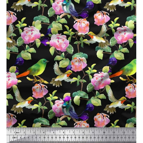 Soimoi Viscose Chiffon Fabric Leaves,Floral & Hummingbird Bird Print Fabric by the Yard 42 Inch Wide