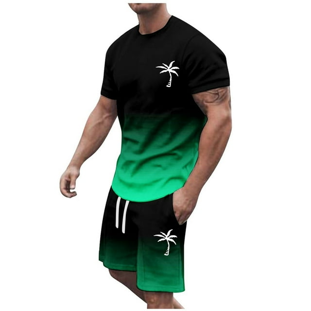 Men's Suits 2024 Summer Tracksuit Plus Size Short Sleeve O Neck Athletic Suit Casual Color Block Drawstring Waist Tracksuit Set