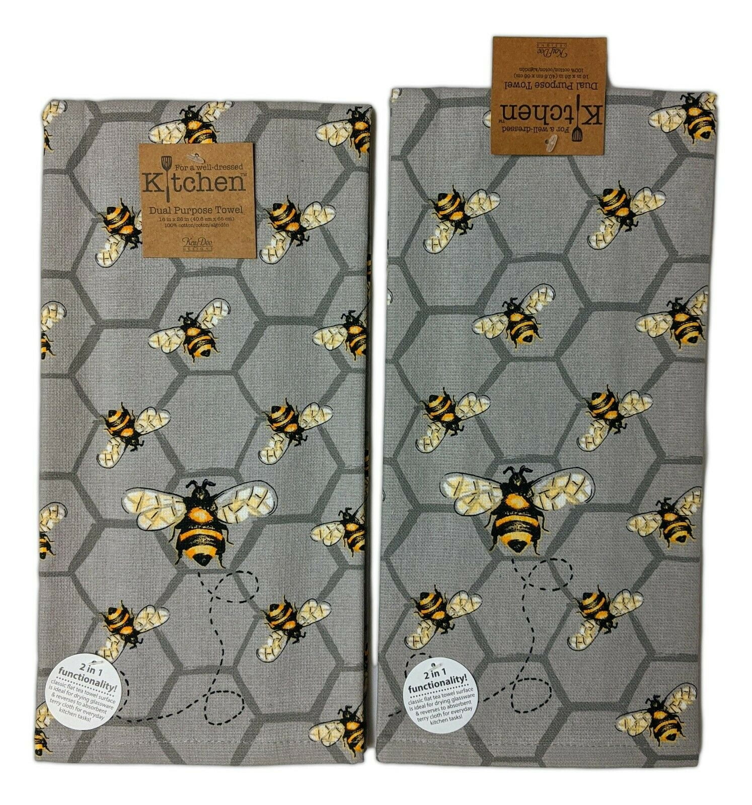 BEE INSPIRED Kitchen Towel Dual Purpose Flat Weave Front Terry Cloth Back 