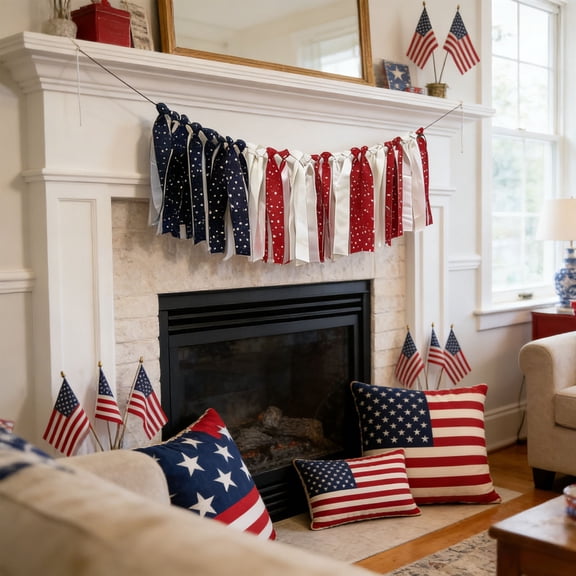 Cififendec 4th of July Red White and Blue Flag Banner Decorations, American Independence Day Star-Stripe Bunting for Memorial Day
