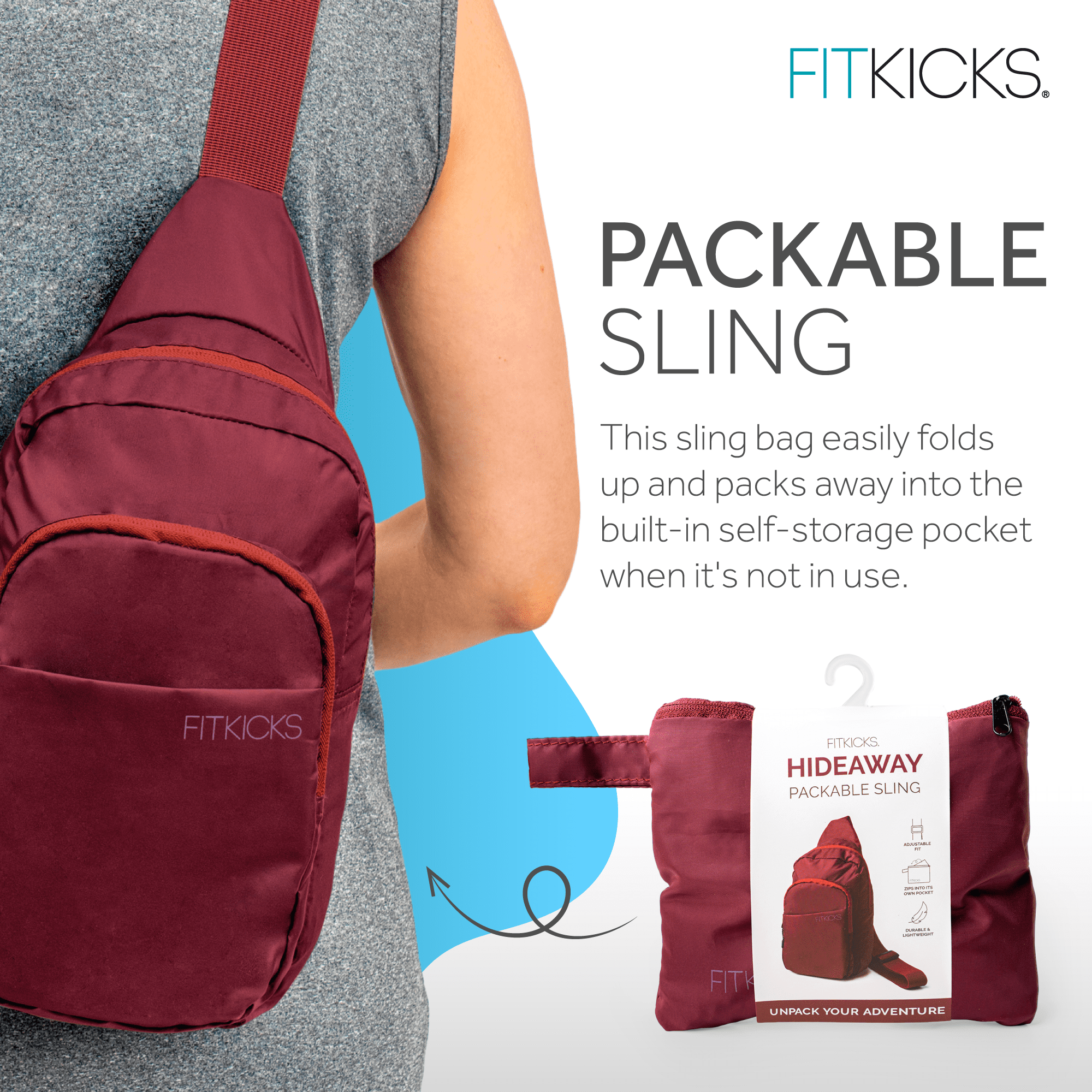 FITKICKS Hideaway Packable Sling Lightweight Crossbody Bag, Burgundy (Unisex)