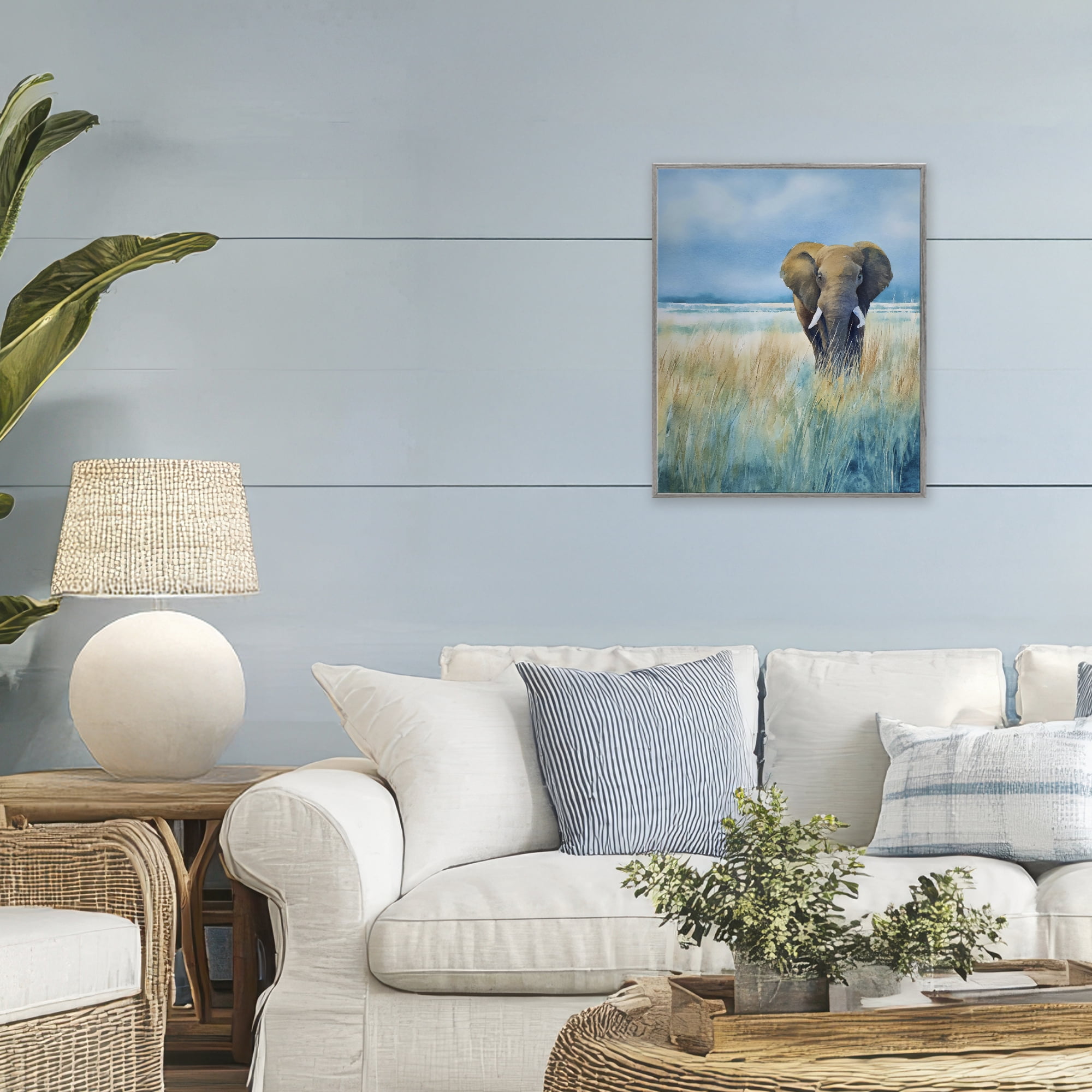 Stupell Industries Blue Grass Elephant Gray Framed Giclee Art, design by Franklyn Gregory