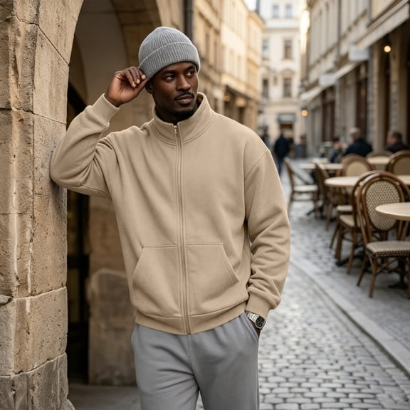 zip up jacket for men Mock Neck Track Jacket Lightweight Fleece Full Zip No Hood Athletic Casual Long Sleeve Sweatshirt with Pocket Khaki