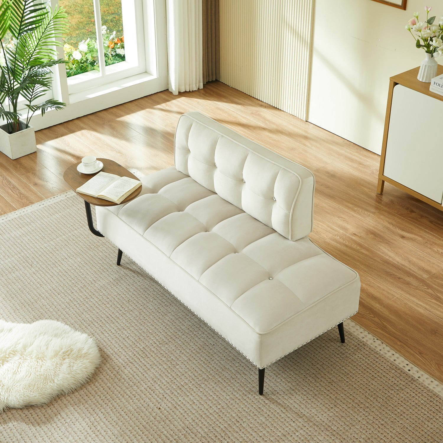 54-Inch Modern 2 Seater Velvet Sofa with 360 Rotating Side Table, Upholstered Couch with Nailhead Trim for Living Room Bedroom Apartment, Beige