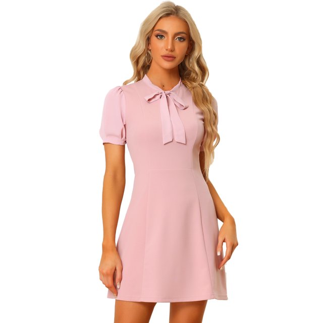 Vestido de Trabajo Elegante Allegra K Cuello de Ojo de Cerradura Manga Abullonada Rosa S