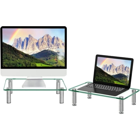Computer Double Monitor Riser Stand Clear Tempered Glass Desk Risers ...