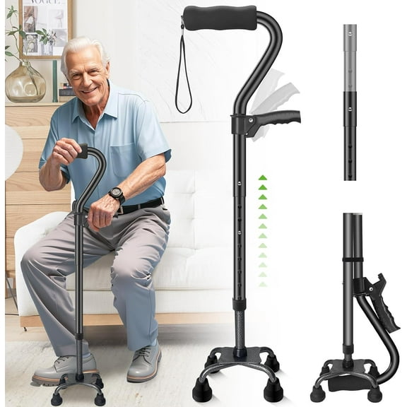 Adjustable Folding Quad Cane, Heavy Duty Walking Sticks Canes for Seniors Balance,Collapsible, Lightweight Self Standing Cane with 2nd Handle and 4-Pronged Base