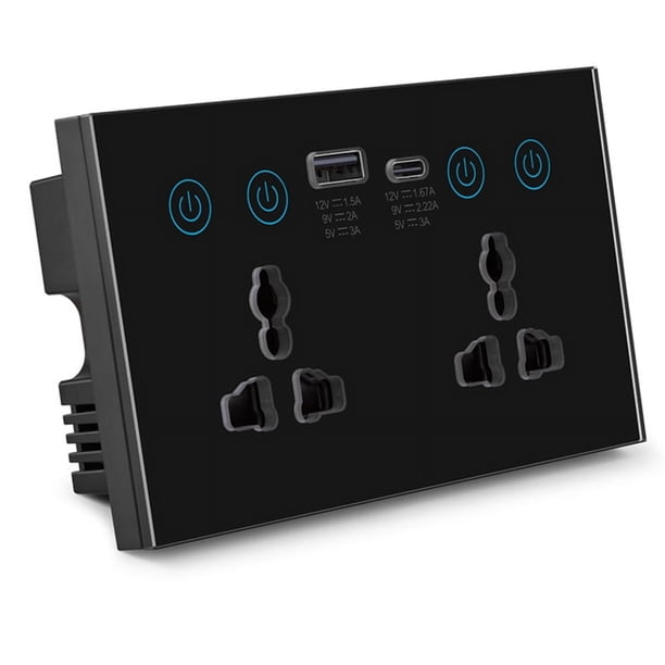 Enchufe Universal UE, Reino , EE. UU., Tuya, WiFi, Interruptor de de Corriente Inteligente Negro con Puerto USB y Tipo C, Salida Smart Life